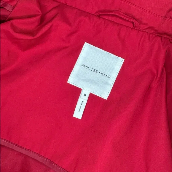 NWT Avec Les Filles Red Oversized Rain Anorak Hooded Trench Coat Women’s Small - Picture 10 of 13